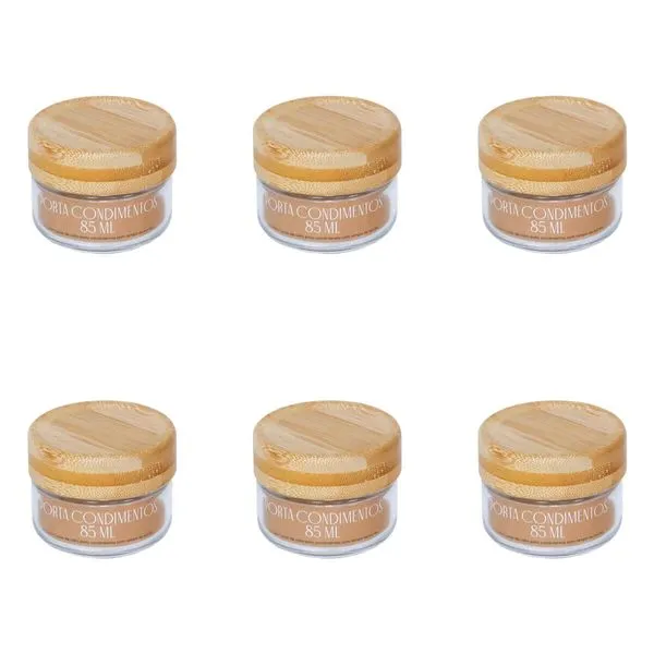Jogo de 6 Potes de vidro para Condimento com tampa de Bambu - 85 ml