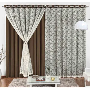 Cortina Yasmin 3 Metros Tabaco Tecido Malha Com Renda Floral Sala ou Quarto
