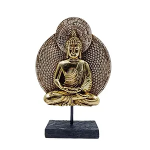 Estatueta Placa Redonda Buda Resina Dourado BN595761 - Brascontinental