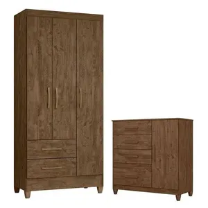 Guarda Roupa Solteiro e Cômoda Lima Vênus 4 Portas de Bater 6 Gavetas em MDP com Pés e Cabideiro Castanho Wood Guarda Roupa Solteiro e Cômoda Lima Vênus 4 Portas de Bater 6 Gavetas em MDP Castanho Wood
