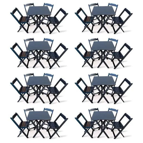 Kit 8 Conjunto Com Jogo De Mesa 70x70 Com 4 Cadeiras Dobráveis - Preto - Cor: Preto