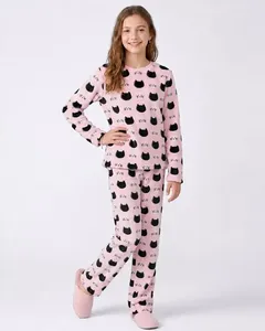 Pijama Juvenil Longo Fleece Estampado Gatinhos Rosa 12