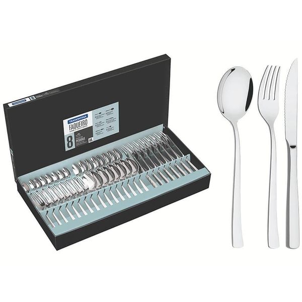 Faqueiro Tramontina Berlin Aço Inox Com Facas Para Churrasco Forjada Acab. Alto Brilho 48 Peças 66934144