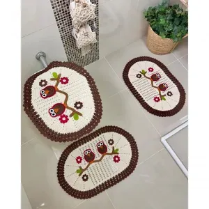 Jogo de Tapete para Banheiro Corujinha 3 Peças Crochê Retangular 48CM X 65CM Algodão Marrom Artesanal Jogo de Tapete para Banheiro Crochê 3 Peças 48CM X 65CM Marrom Artesanal