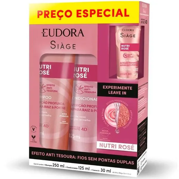 Kit Siãge Eudora Nutri Rosé Shampoo 250ml + Condicionador 125ml + Leave-in 30ml Kit Siàge Eudora Nutri Rosé Shampoo 250ml + Condicionador 125ml + Leave-in 30ml