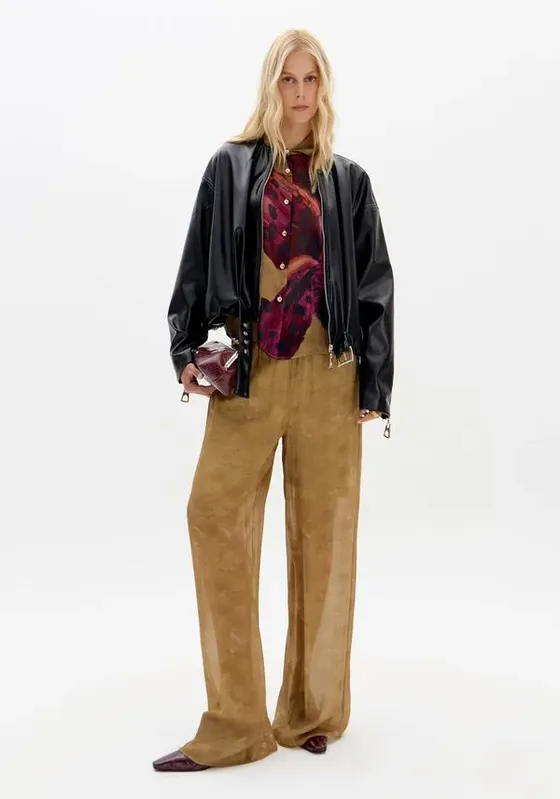 Calça Wide Leg Estampada Cintura Alta Marrom P