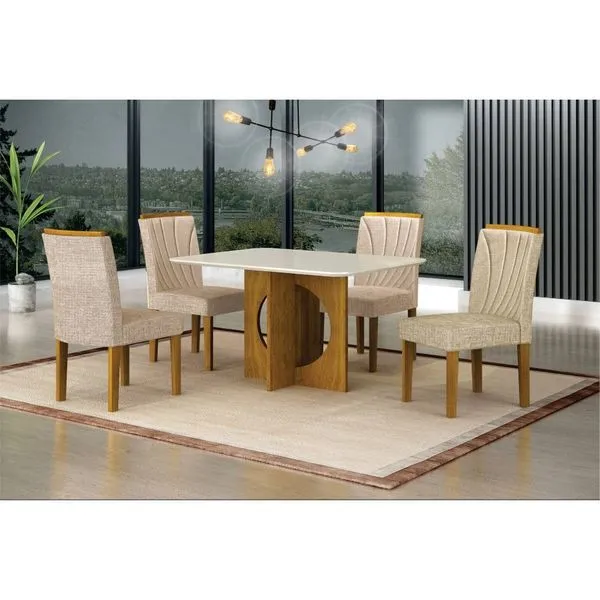Conjunto Sala de Jantar com 04 cadeiras Lorena Plus Leifer LINHO PALHA FREIJO/OFFWHITE