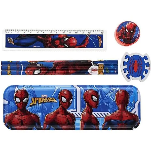 Kit Escolar Molin do Brasil Spider-Man 7 Peças com Estojo Metálico Lápis HB Borracha Apontador e Régua Kit Escolar Molin do Brasil Spider-Man 7 Peças com Estojo Metálico