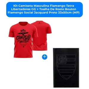 Kit Camiseta Masculina Flamengo Tetra Libertadores GG + Toalha De Rosto Bouton Flamengo Social Jacquard Preto 33x50cm (MP)