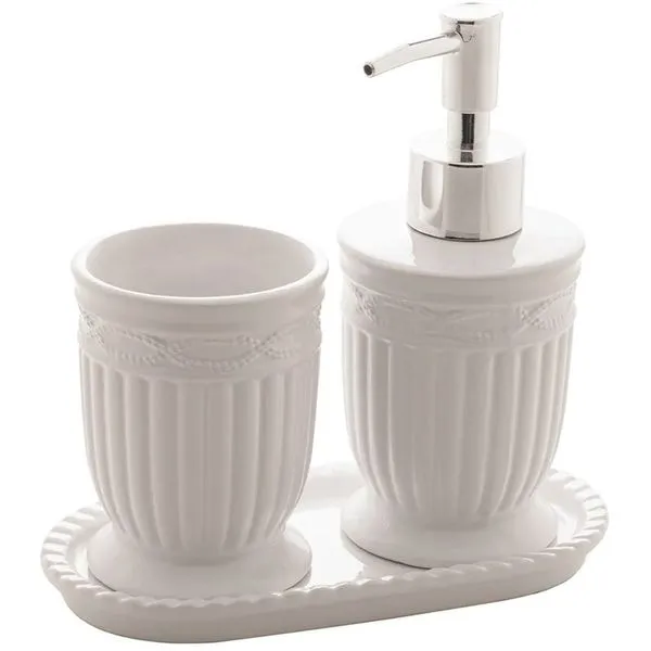 Conjunto 3 Peças Dispenser Para Banheiro Lyor de Cerâmica Creece Branco e Prata