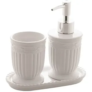 Conjunto 3 Peças Dispenser Para Banheiro Lyor de Cerâmica Creece Branco e Prata