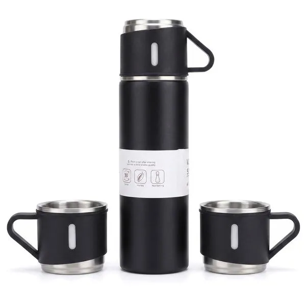 Garrafa Térmica Xiongzhi Aço Inox Com 3 Xícaras Preto 450ml E-BI