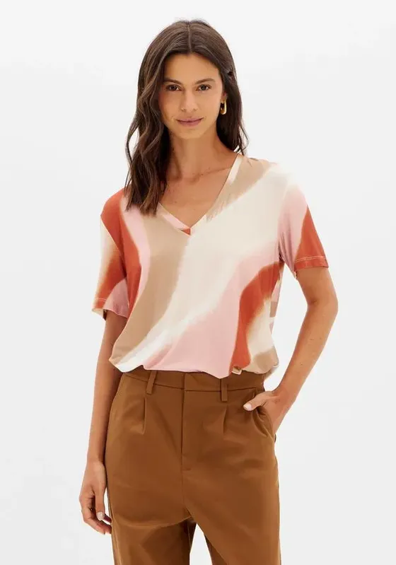 Blusa Decote V Estampada Bege P