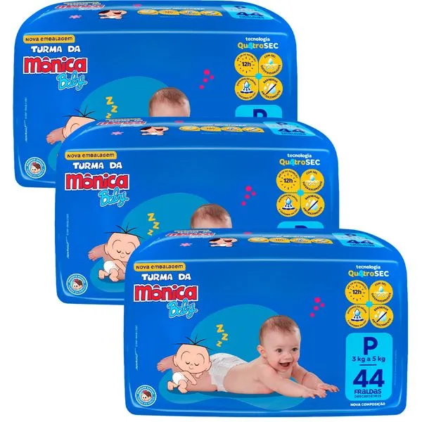 Kit 3 Fraldas Turma Da Mônica Mega P - 132 Tiras