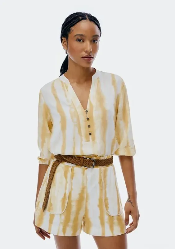 Blusa Feminina Estampada Decote V Manga Bufante - Amarelo XP