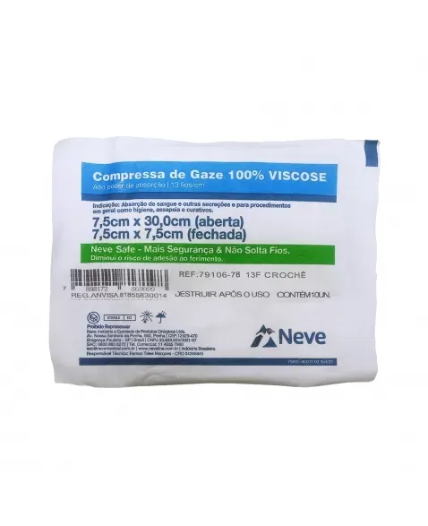 Compressa de Faze Estéril 7,5X7,5 13 Fios C/10 Viscose Neve