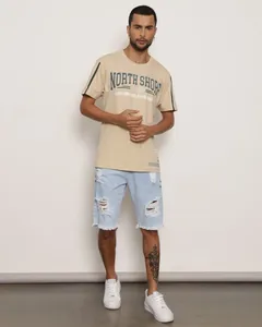 Bermuda Jeans Masculina Com Destroyed E Barra Desfiada Azul 48