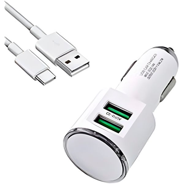 Fonte Veicular Carregador Cabo 2 Entradas USB Branco
