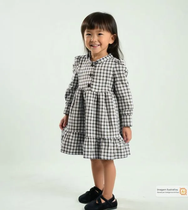 Vestido Manga Longa Xadrez Cinza - M