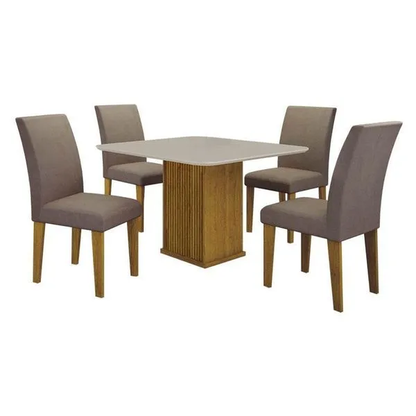 Mesa De Jantar Napoli 90x90 Freijó Decor Off White Com 4 Cadeiras Mdf Freijó Joli Camurça – Leifer Móveis