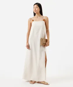 vestido longo alça fina feminino com linho e fenda bege GG