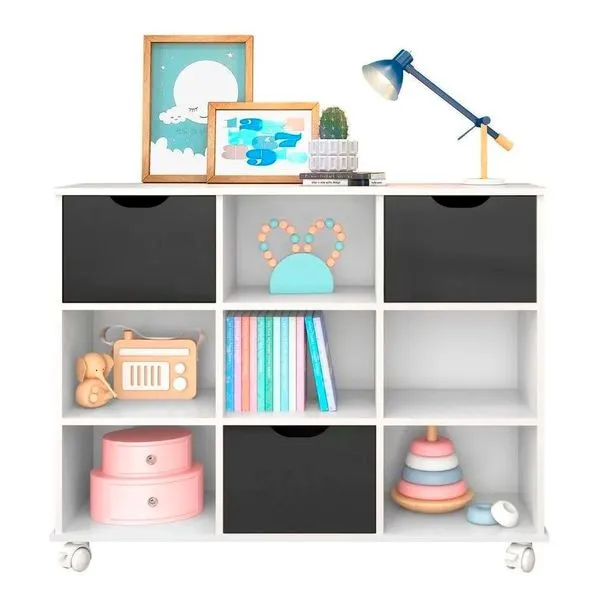 Nicho Infantil Com 3 Gavetas E Rodízios Branco Pretas
