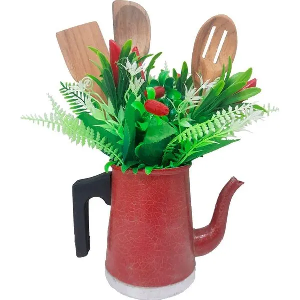 Mini Vaso Regador Alumínio Com Arranja Artificial Vermelho