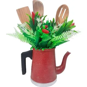 Mini Vaso Regador Alumínio Com Arranja Artificial Vermelho