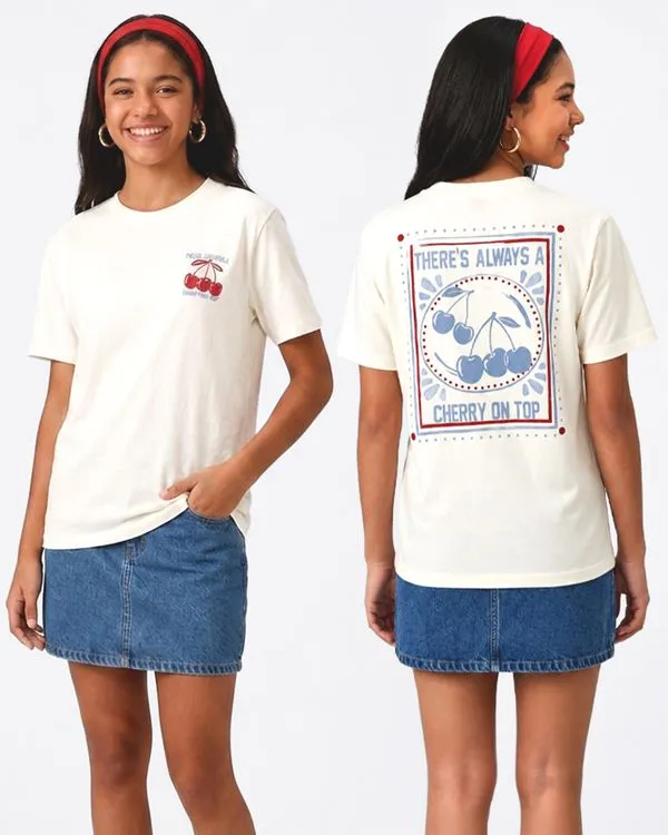 Camiseta Juvenil Algodão Cherry Frente e Costas Off White 16