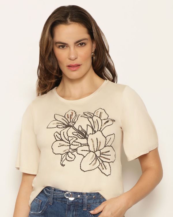 Blusa Feminina Viscose Estampa com Paetê Bege G