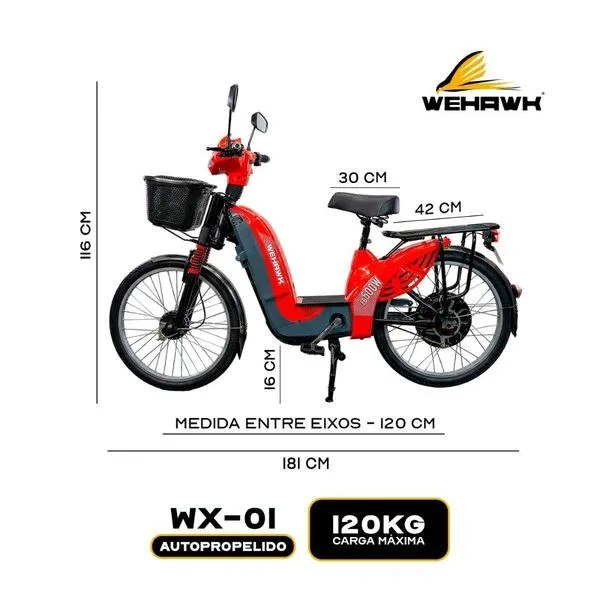 BICICLETA SCOOTER ELETRICA EB500W WX-01 WEHAWK BAT 48V 12AH BR Vermelho