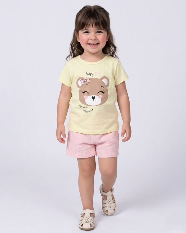 Blusa Bebê Algodão Estampa Ursinho Manga Curta Amarela 2