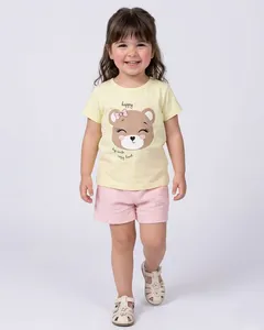 Blusa Bebê Algodão Estampa Ursinho Manga Curta Amarela 2