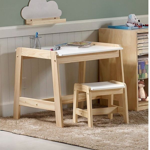 Conjunto Infantil Mesa com 1 Banqueta Castelo Casatema Branco / Natural
