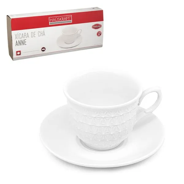 Conjunto 6 Xícaras de Chá com Pires Anne Porcelana Branco 175ml JGCH058BR - Hauskraft