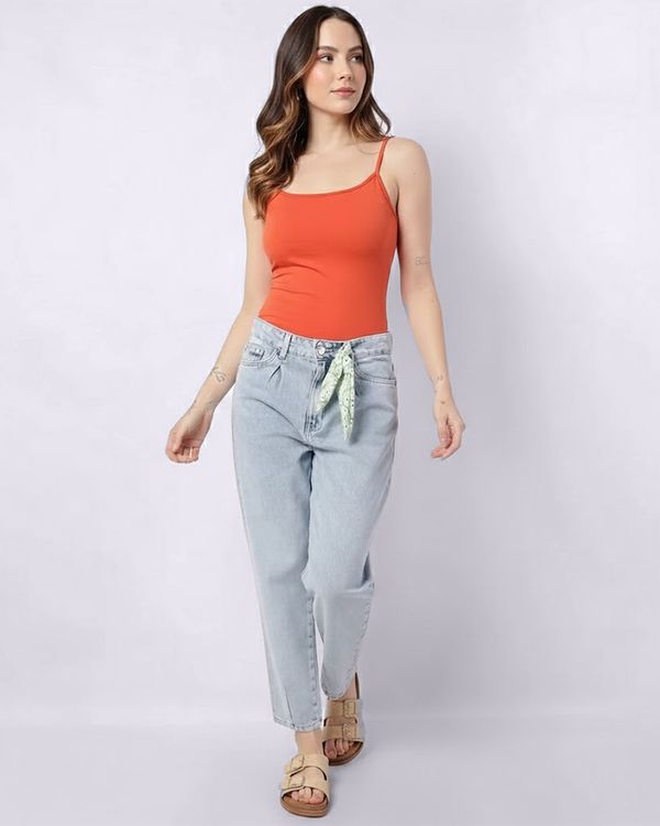 Calça Jeans Feminina Mom com Bolsos Lenço Azul 42