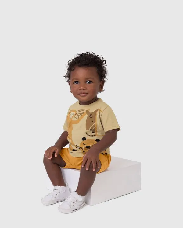 Conjunto Infantil Menino Camiseta Estampa Bichos Em Algodão Malwee Kids Bege - 9M