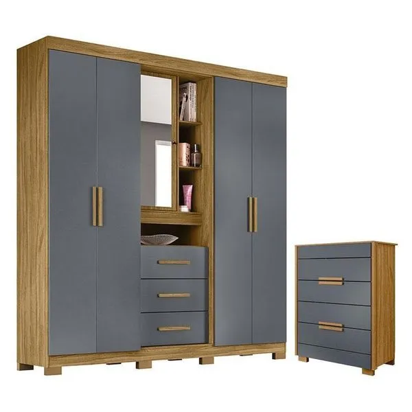 Guarda Roupa Solteiro Eldorado e Cômoda Dhara 5 Portas 7 Gavetas MDP 195 cm Cinza Moval Guarda Roupa Solteiro Eldorado e Cômoda Dhara 5 Portas 7 Gavetas MDP Cinza Moval