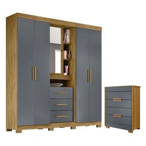Guarda Roupa Solteiro Eldorado e Cômoda Dhara 5 Portas 7 Gavetas MDP 195 cm Cinza Moval Guarda Roupa Solteiro Eldorado e Cômoda Dhara 5 Portas 7 Gavetas MDP Cinza Moval