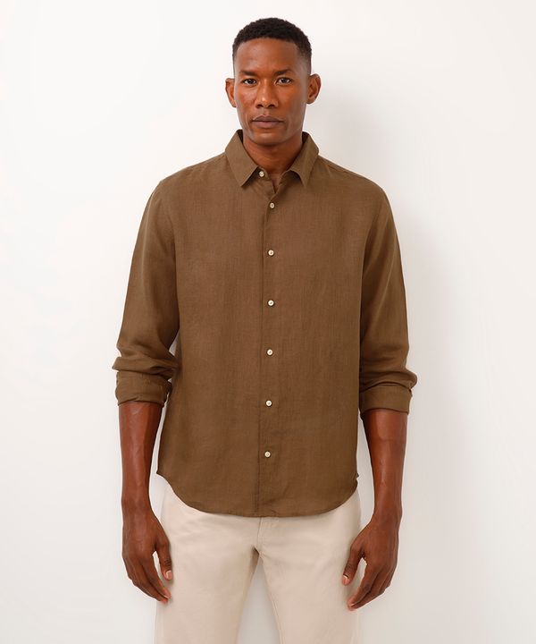 camisa comfort de linho manga longa bege P