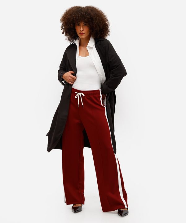 calça wide leg feminina cós com elástico bicolor vinho M