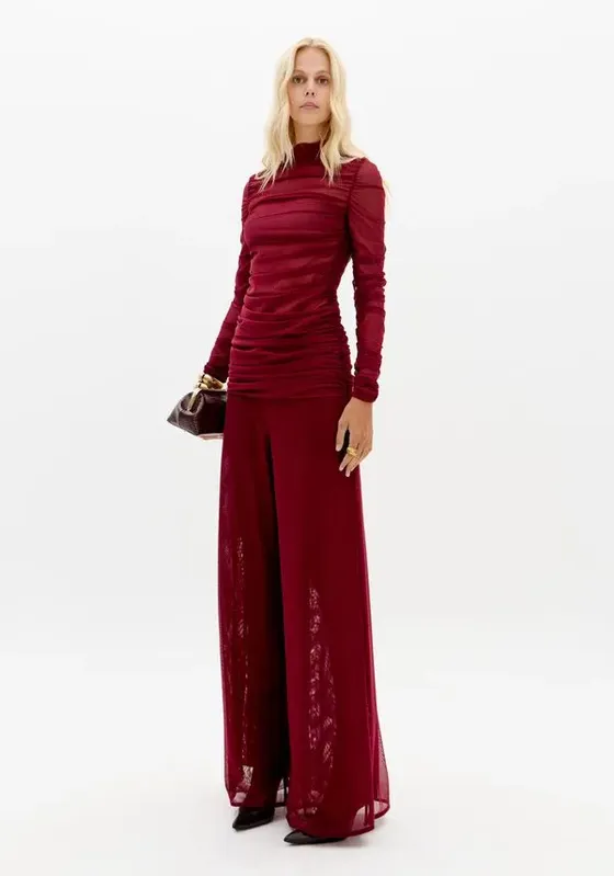 Calça Pantalona De Tule Bordô P