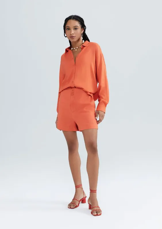 Shorts Feminino Cintura Alta Em Alfaiataria Em Viscolinho - Laranja 034