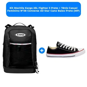 Kit Mochila Karga 25L Fighter 3 Preto + Tênis Casual Feminino N°38 Converse All Star Cano Baixo Preto (MP)