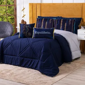 Kit Edredom Queen Verano Com Almofadas Estampadas 07 Peças - Dupla Face Percal 300 Fios Cor Cavalo Marinho