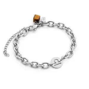 Pulseira de Signo Libra de Aço e Pedra Natural Olho de Tigre Marrom Prateado Ajustável