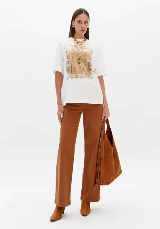 Calça Sarja Wide Leg Cintura Alta Marrom 44