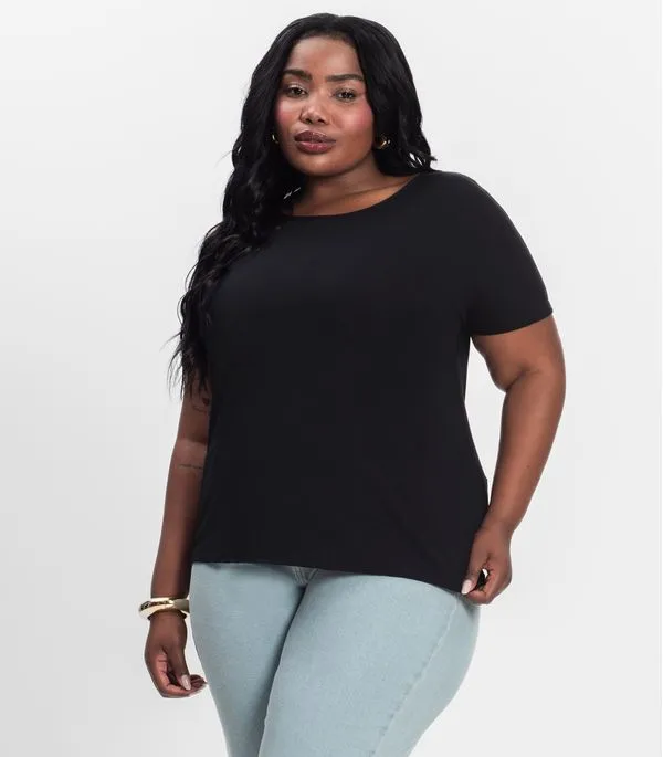 Blusa Manga Curta Feminina Plus Size Secret Glam Preto Plus G2