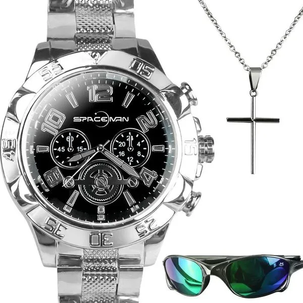 Kit Acessórios Masculinos Orizom Spaceman em Aço Inoxidável Prata com Relógio, Corrente, Pingente Cruz e Óculos de Sol Kit Acessórios Masculinos Orizom Spaceman em Aço Inoxidável Prata com Relógio, Corrente, Pingente