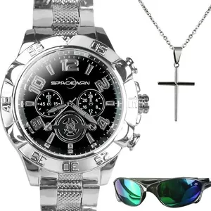 Kit Acessórios Masculinos Orizom Spaceman em Aço Inoxidável Prata com Relógio, Corrente, Pingente Cruz e Óculos de Sol Kit Acessórios Masculinos Orizom Spaceman em Aço Inoxidável Prata com Relógio, Corrente, Pingente